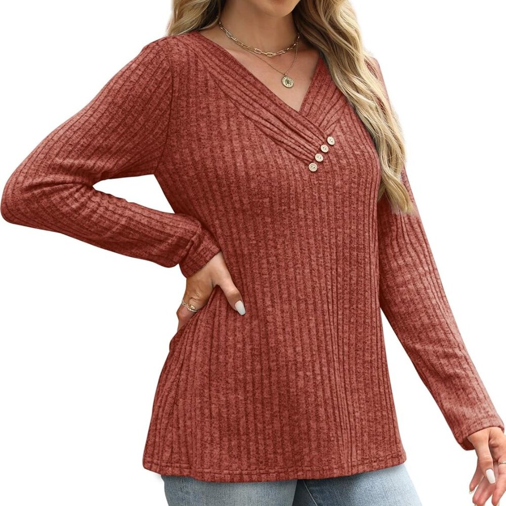 Women's Ribbed V-Neck Button Accent Pullover - Rust - Picture 4 of 5